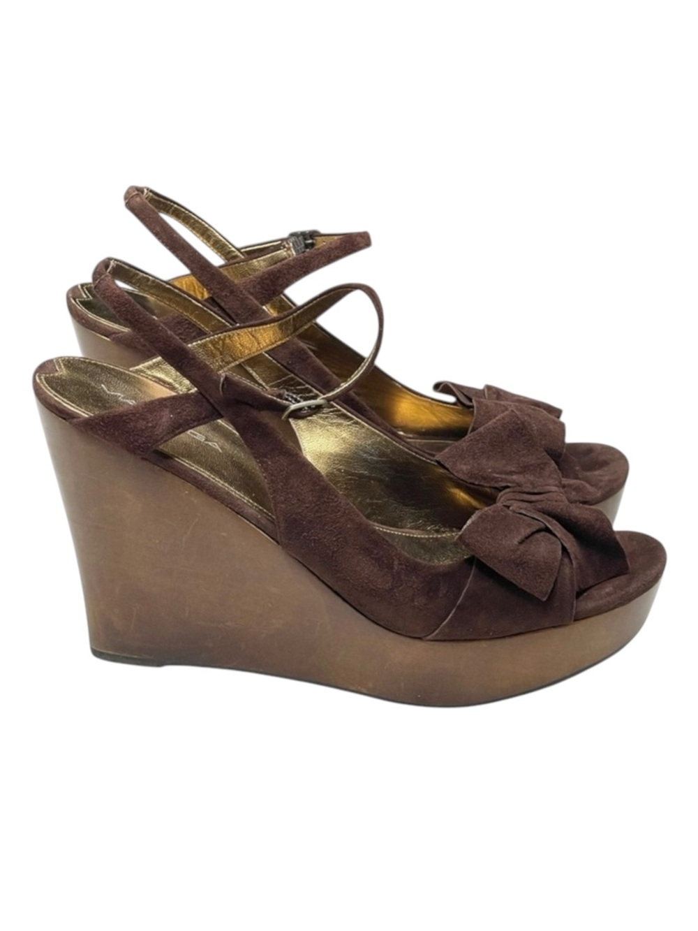 new Via Spiga ✽ Wood Wedge Platform Heel Bow Sandals ✽ Chocolate Suede ✽ 10.5M ✽ - Picture 4 of 16